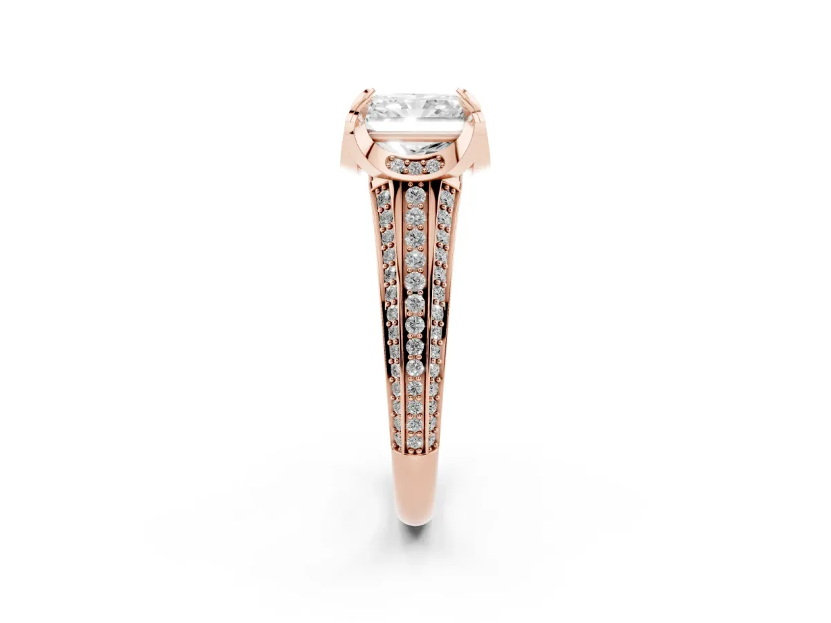Radiant Cut Solitaire Pave Split Shank Ring with Four-Prong Setting Rose gold