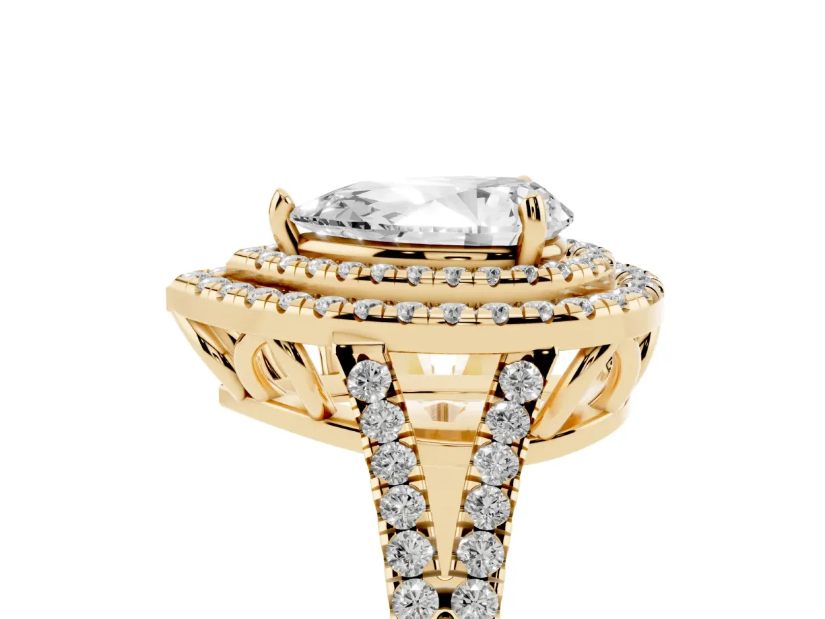 Pear Cut Diamond Double Halo Ring with Pavé Band and Prong Setting Yellow gold