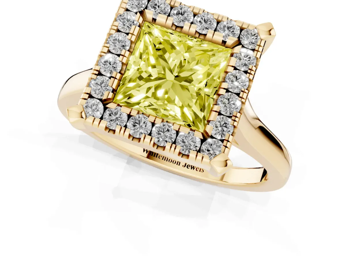 Fancy Yellow Princess Cut Diamond Cluster Halo Solitaire with Four-Prong Setting Yellow gold