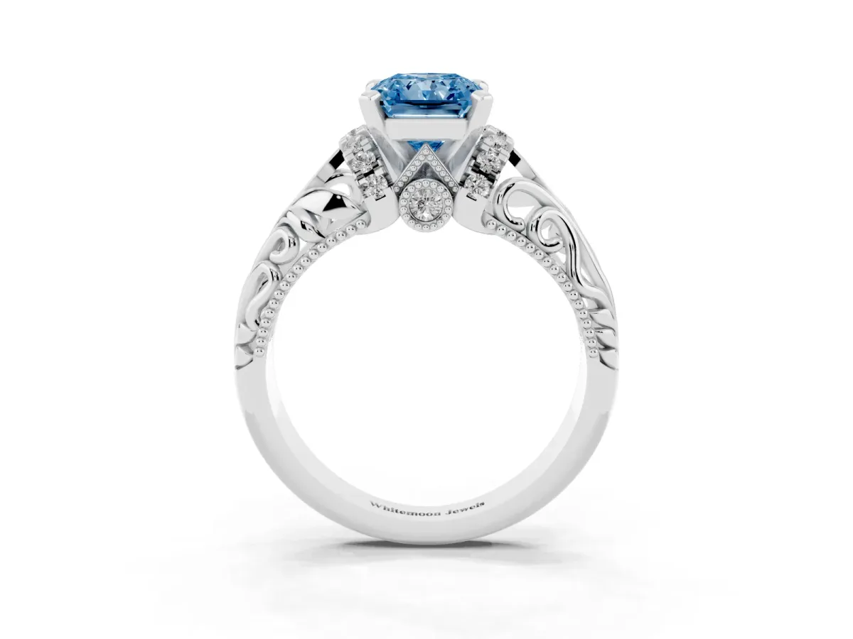 Fancy Blue Radiant Cut Solitaire Filigree Engagement Ring with Halo and Prong Setting White gold
