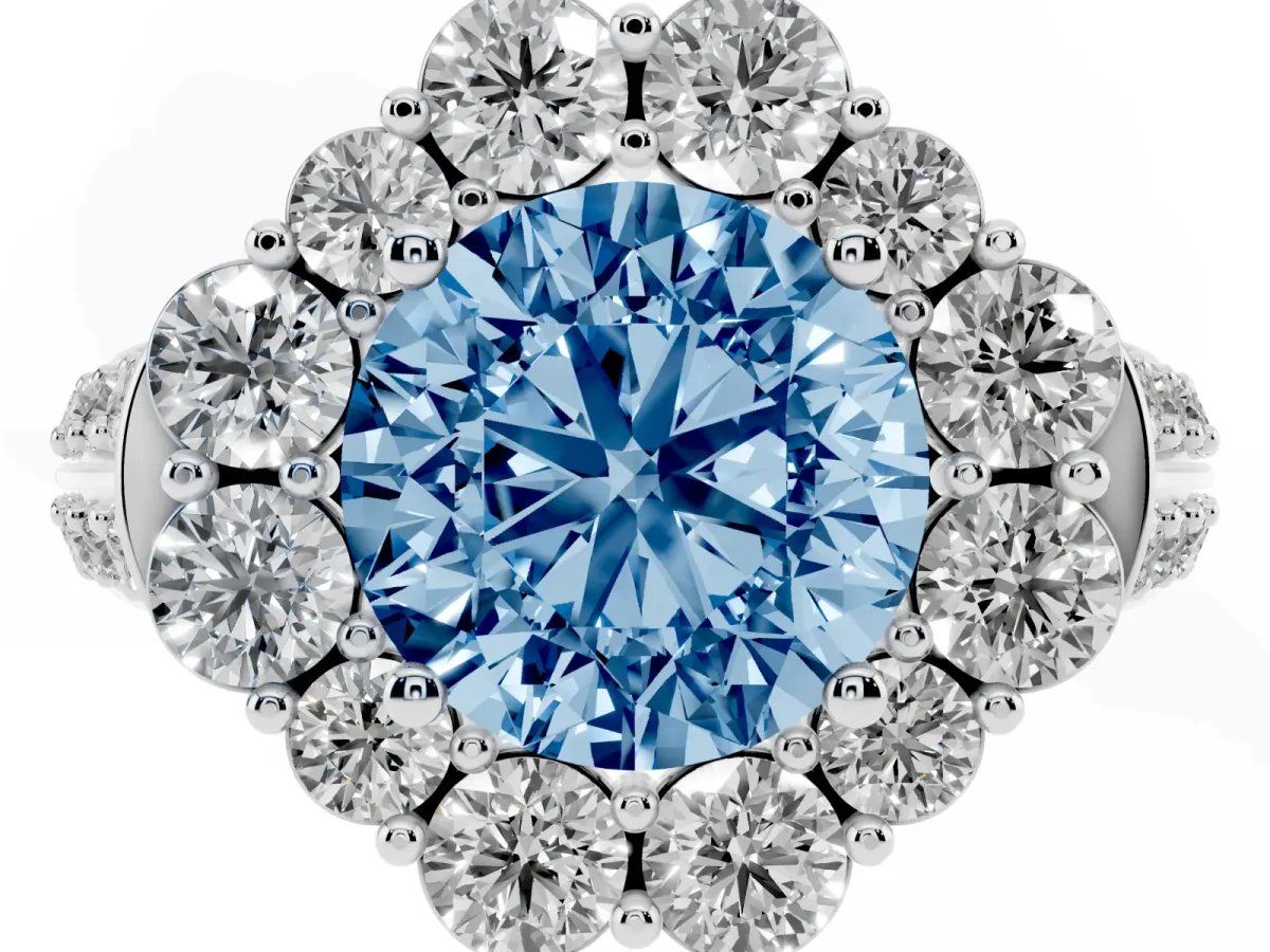 Fancy Blue Round Cut Halo Diamond Engagement Ring with Split Shank and Prong Setting Silver