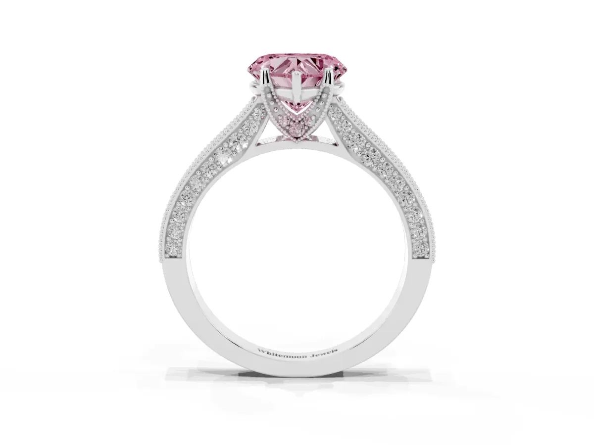 Fancy Pink Heart Cut Cut Diamond Solitaire Ring with Milgrain Pave Band and Four Prong Setting Silver