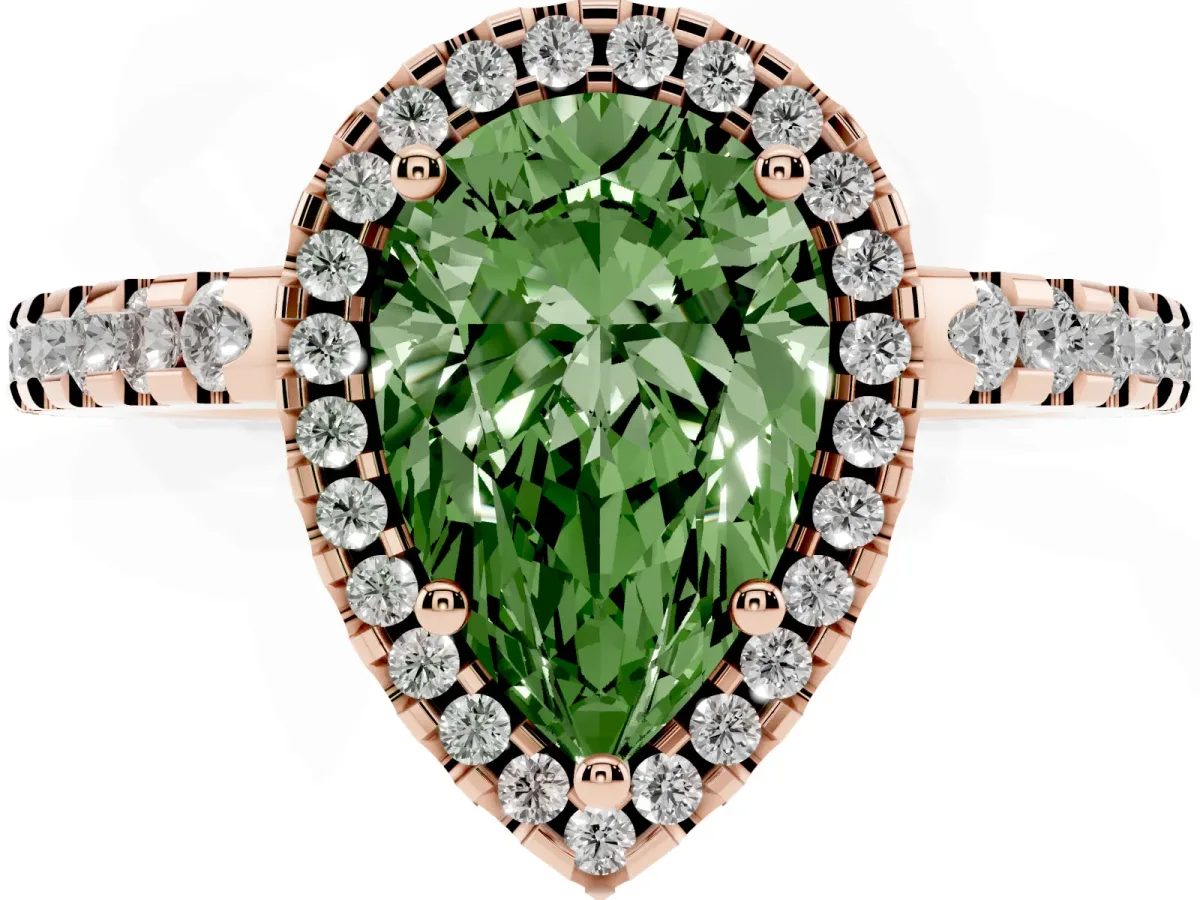 Fancy Green Pear Cut Diamond Halo Engagement Ring with Pavé Band and Prong Setting Rose gold