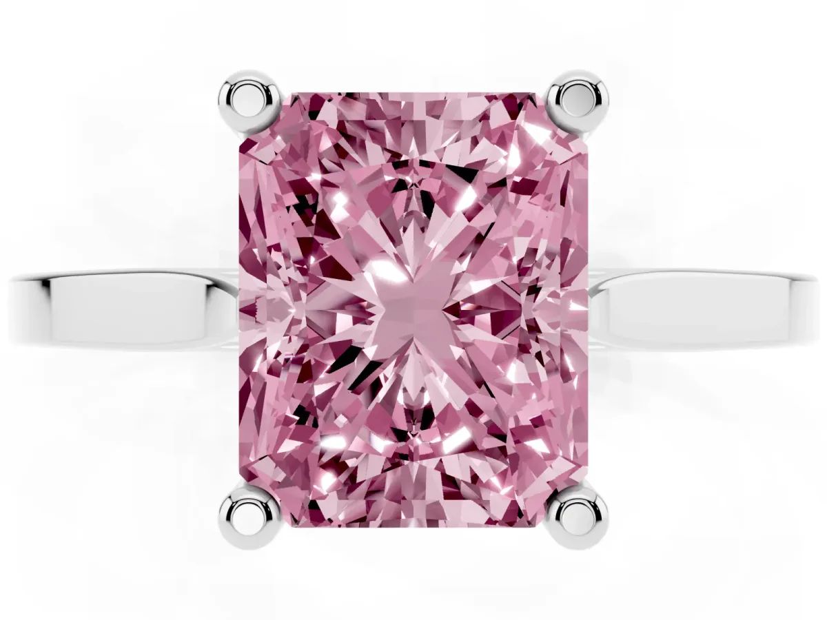 Fancy Pink Radiant Cut Solitaire Diamond Ring with Four-Prong Setting and Tapered Band White gold