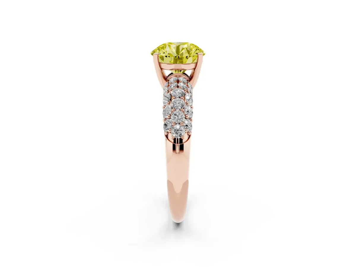 Fancy Yellow Round Cut Diamond Pavé Band Solitaire Ring with Four-Prong Setting Rose gold