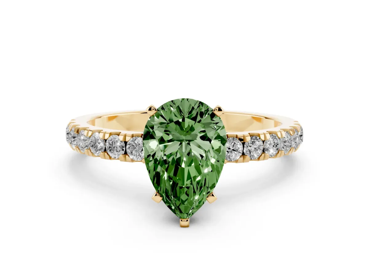 Fancy Green Pear Cut Diamond Solitaire Ring with Pavé Accents and Four-Prong Setting Yellow gold