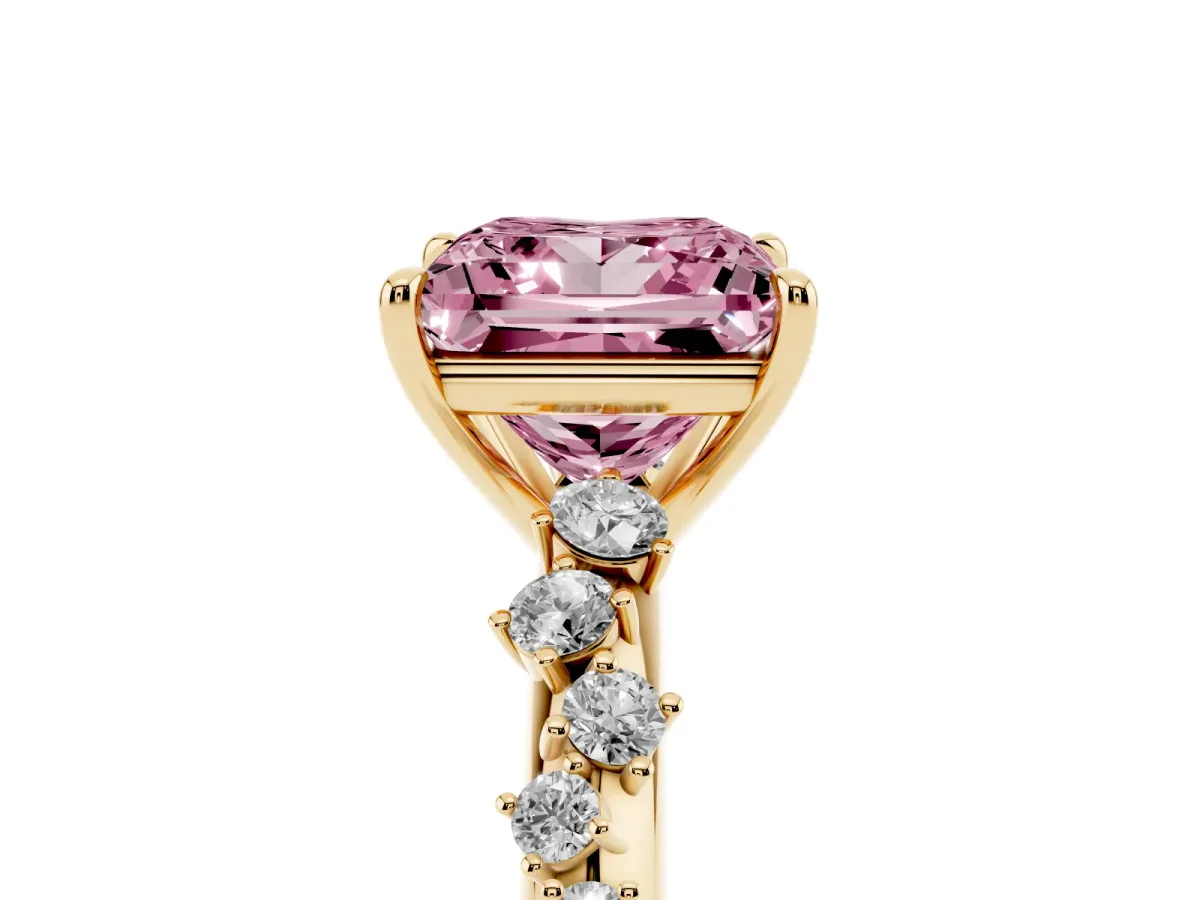 Fancy Pink Princess Cut Diamond Cluster Side Stone Solitaire Ring with Prong Setting Yellow gold