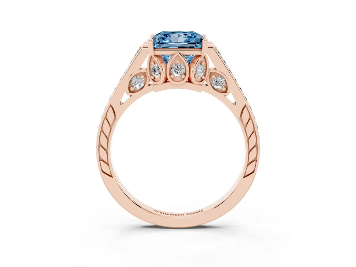 Fancy Blue Princess Cut Cut Cathedral Pave Diamond Engagement Ring with Six-Prong Setting Rose gold