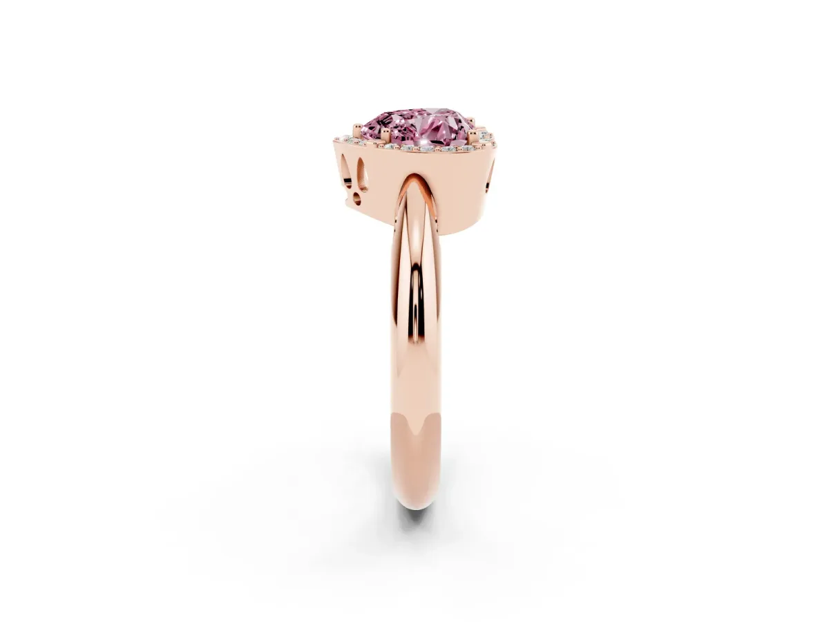 Fancy Pink Heart Cut Cut Diamond Halo Engagement Ring with Split Shank and Four-Prong Setting Rose gold