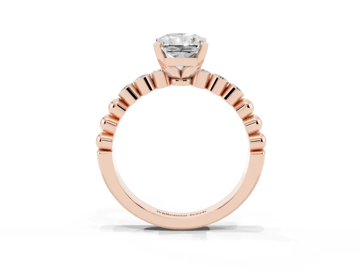 Radiant Cut Solitaire Bezel Accent Diamond Engagement Ring with Beaded Band and Four-Prong Setting Rose gold