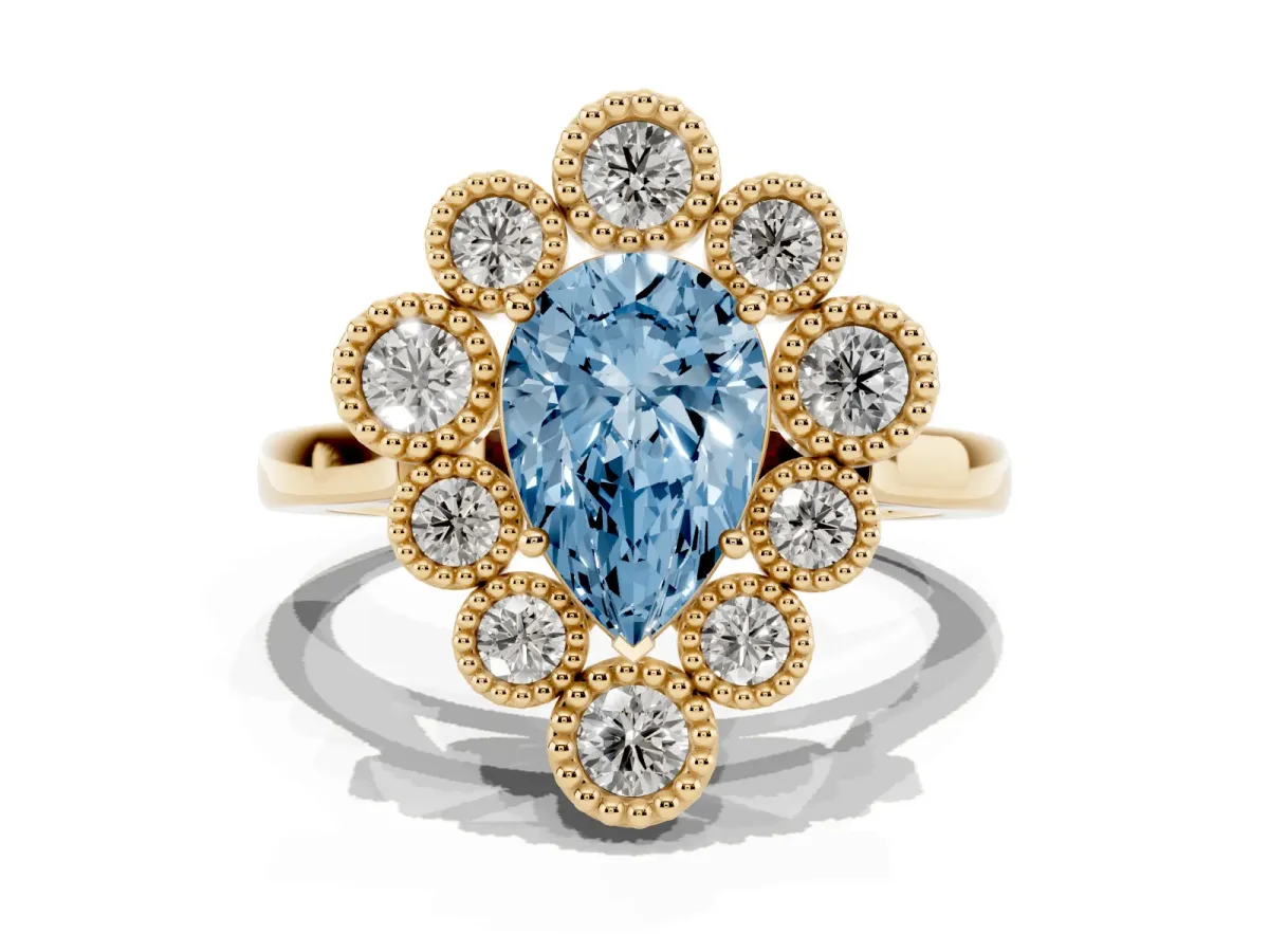 Fancy Blue Pear Cut Halo Diamond Cluster Engagement Ring with Milgrain Bezel Setting and Solitaire Band Yellow gold