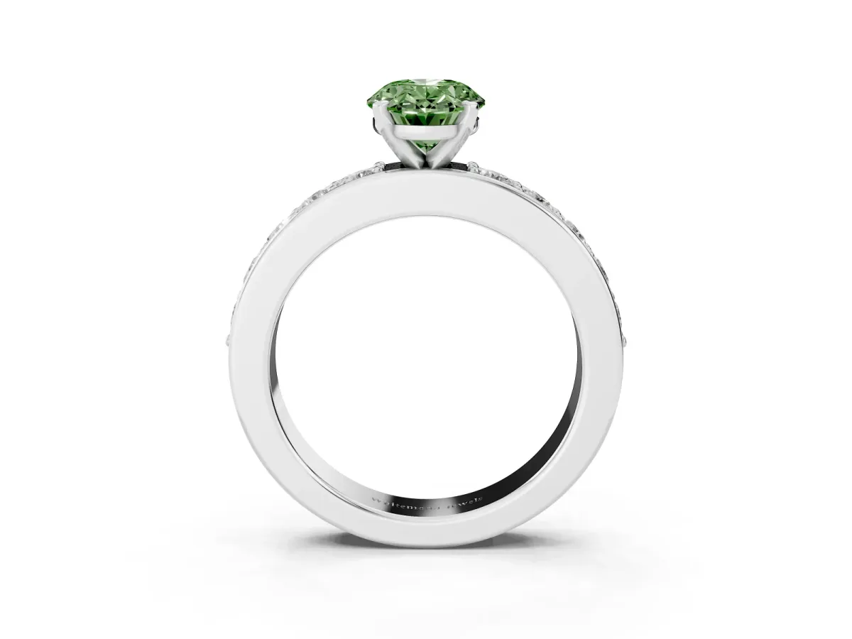 Fancy Green Oval Cut Diamond Engagement Ring with Channel Set Round Band and Prong Setting Platinum