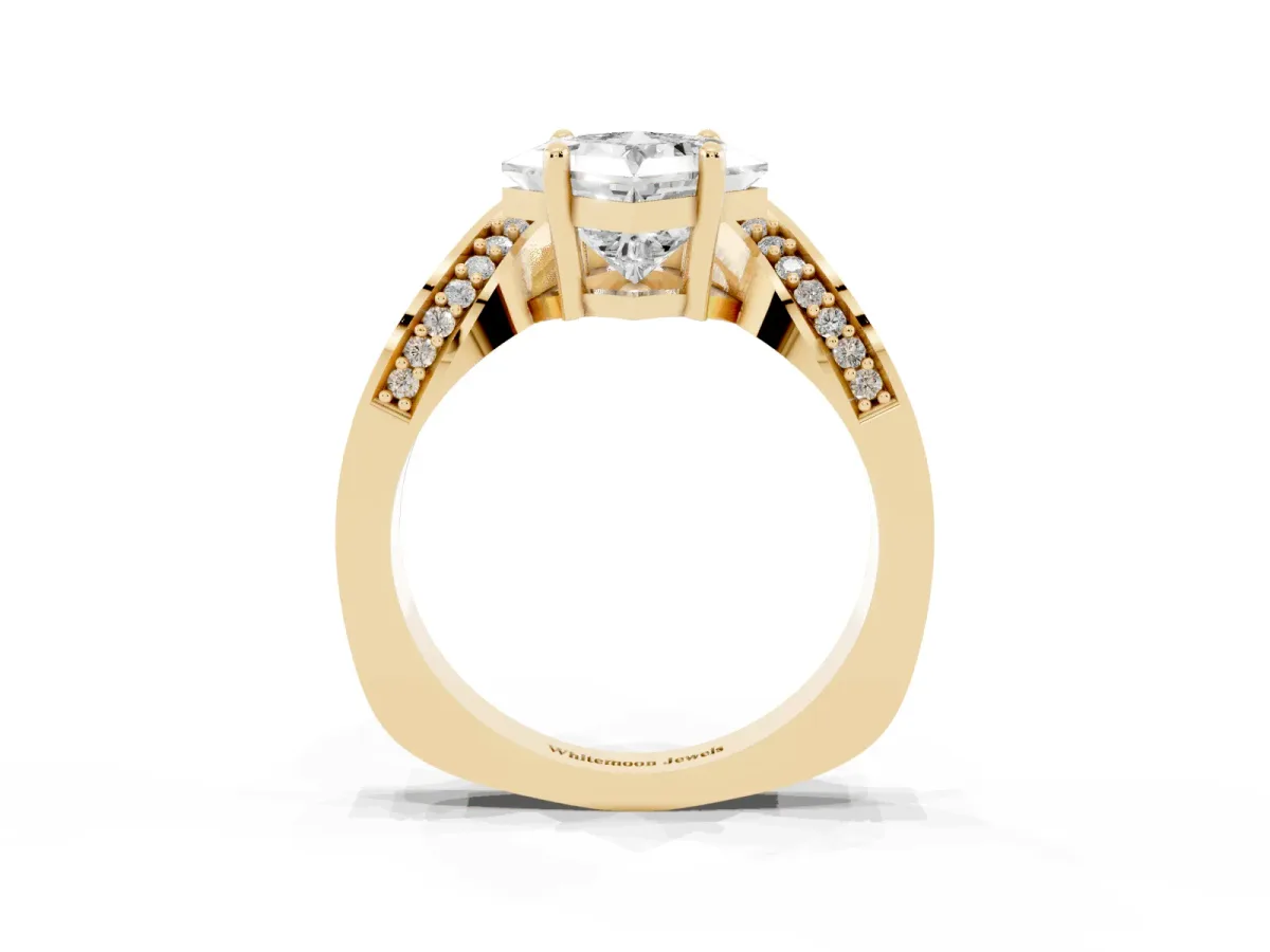 Princess Cut Solitaire Diamond Engagement Ring with Pave Band and Four-Prong Setting Yellow gold