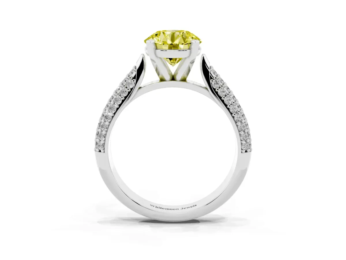 Fancy Yellow Round Cut Diamond Solitaire Engagement Ring with Multi-Row Round Pavé Band and Prong Setting White gold