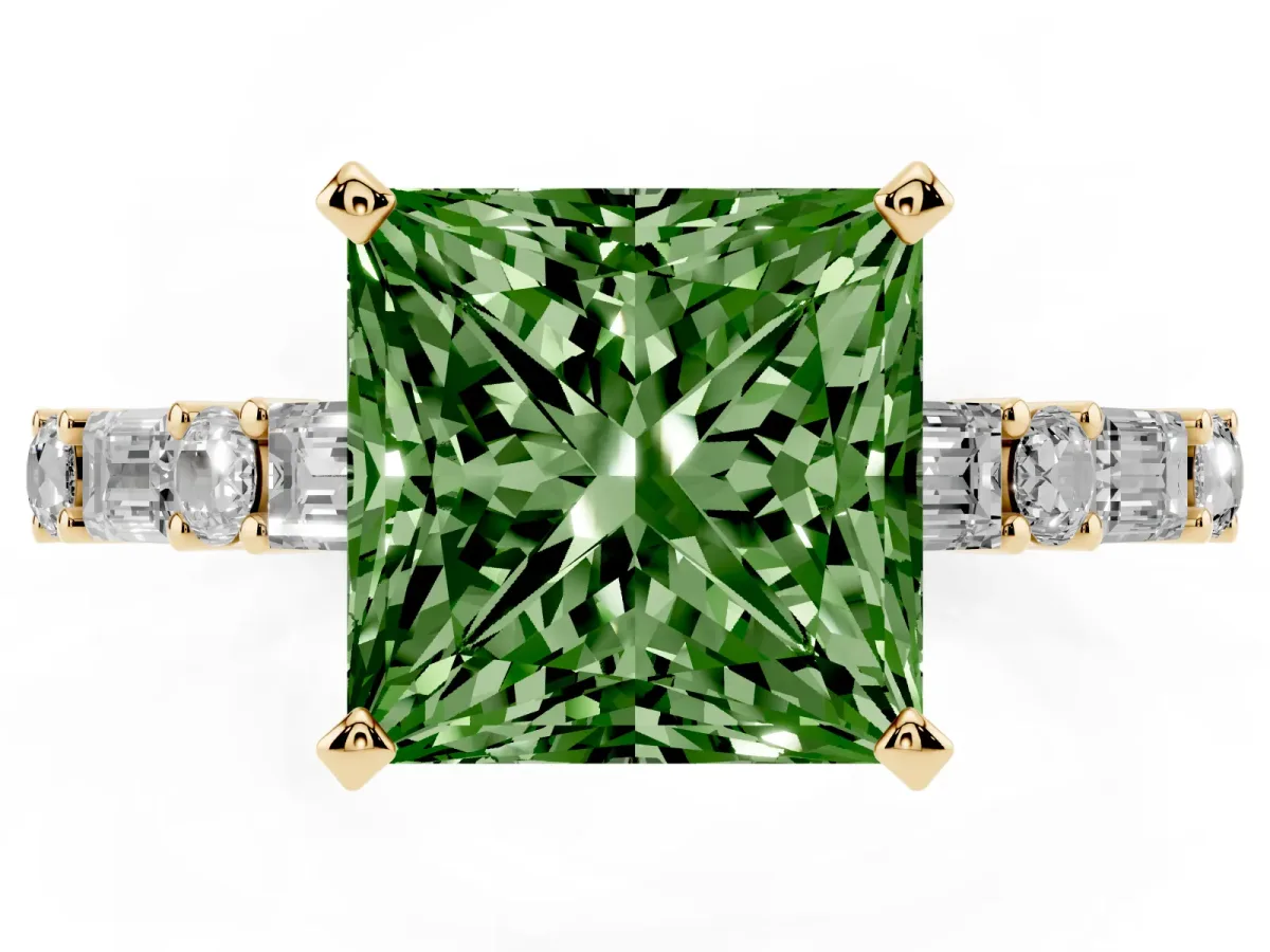 Fancy Green Princess Cut Diamond Solitaire with Side Baguettes and Channel Set Band Yellow gold