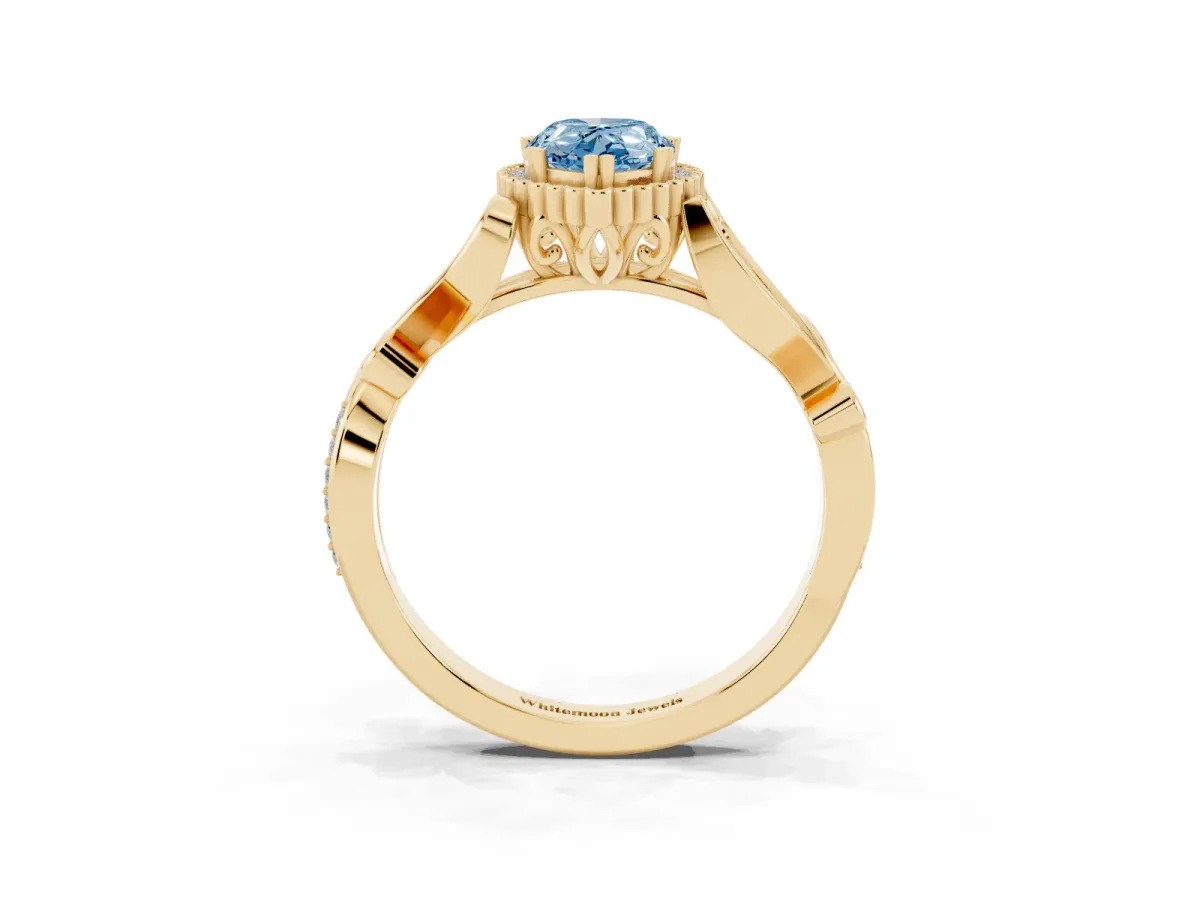 Fancy Blue Pear Cut Diamond Halo Ring with Vintage Split Shank and Four-Prong Setting Yellow gold