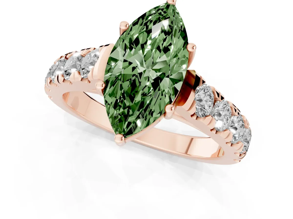 Fancy Green Marquise Cut Cut Diamond Solitaire Ring with Micro Pave Band and Prong Setting Rose gold