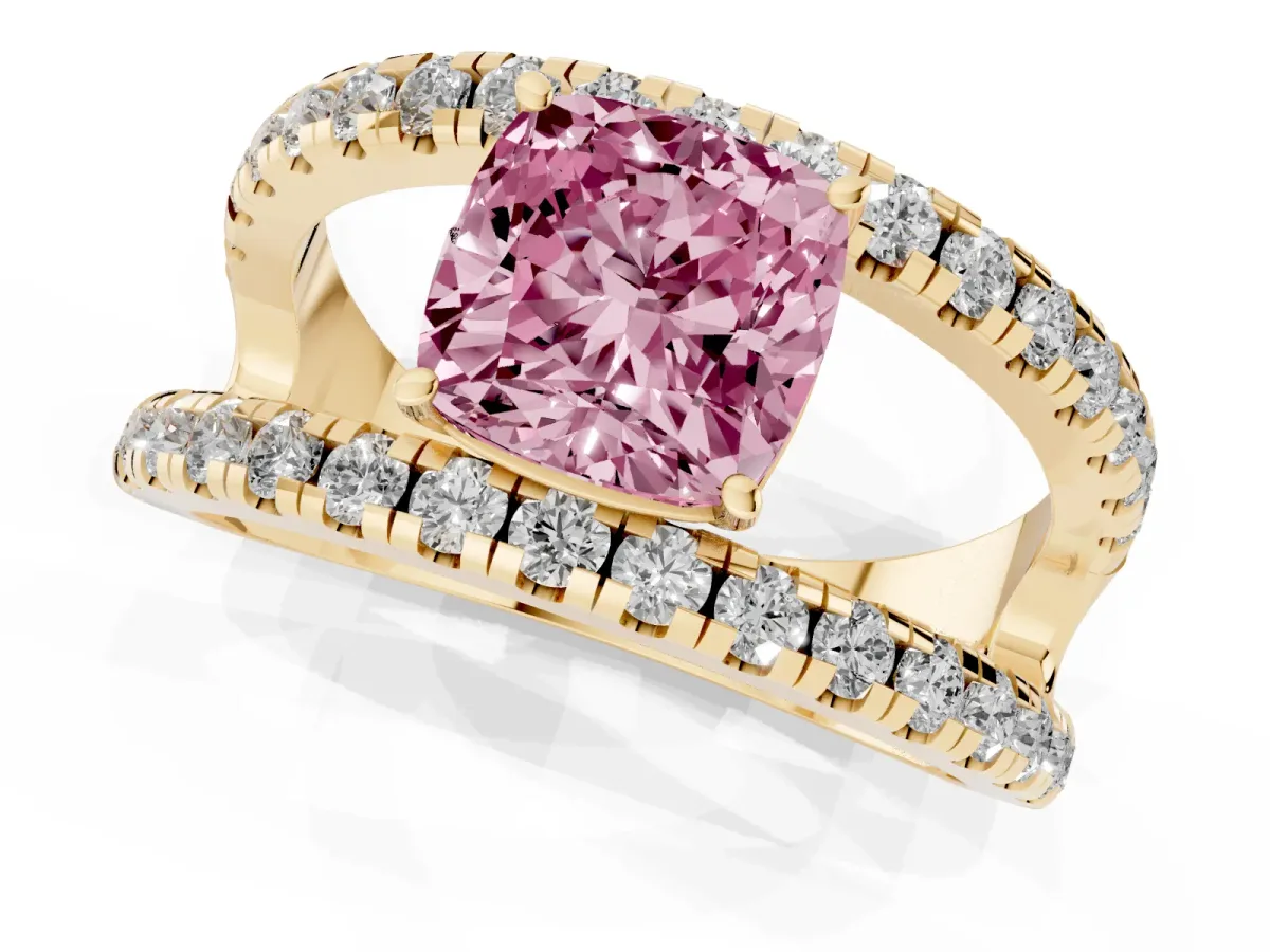 Fancy Pink Cushion Cut Solitaire Split Shank Pave Diamond Ring Yellow gold