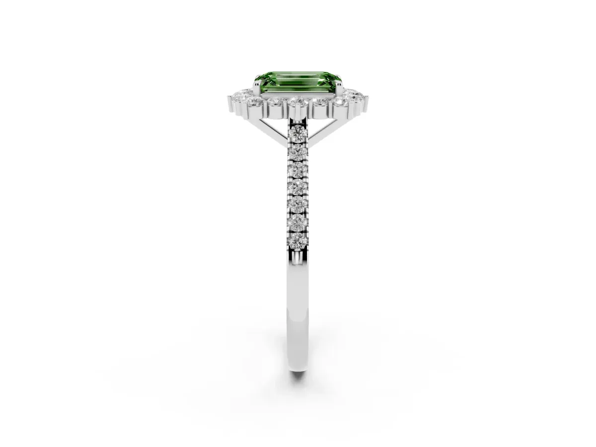 Fancy Green Emerald Cut Halo Diamond Ring with Pavé Band and Prong Setting Silver