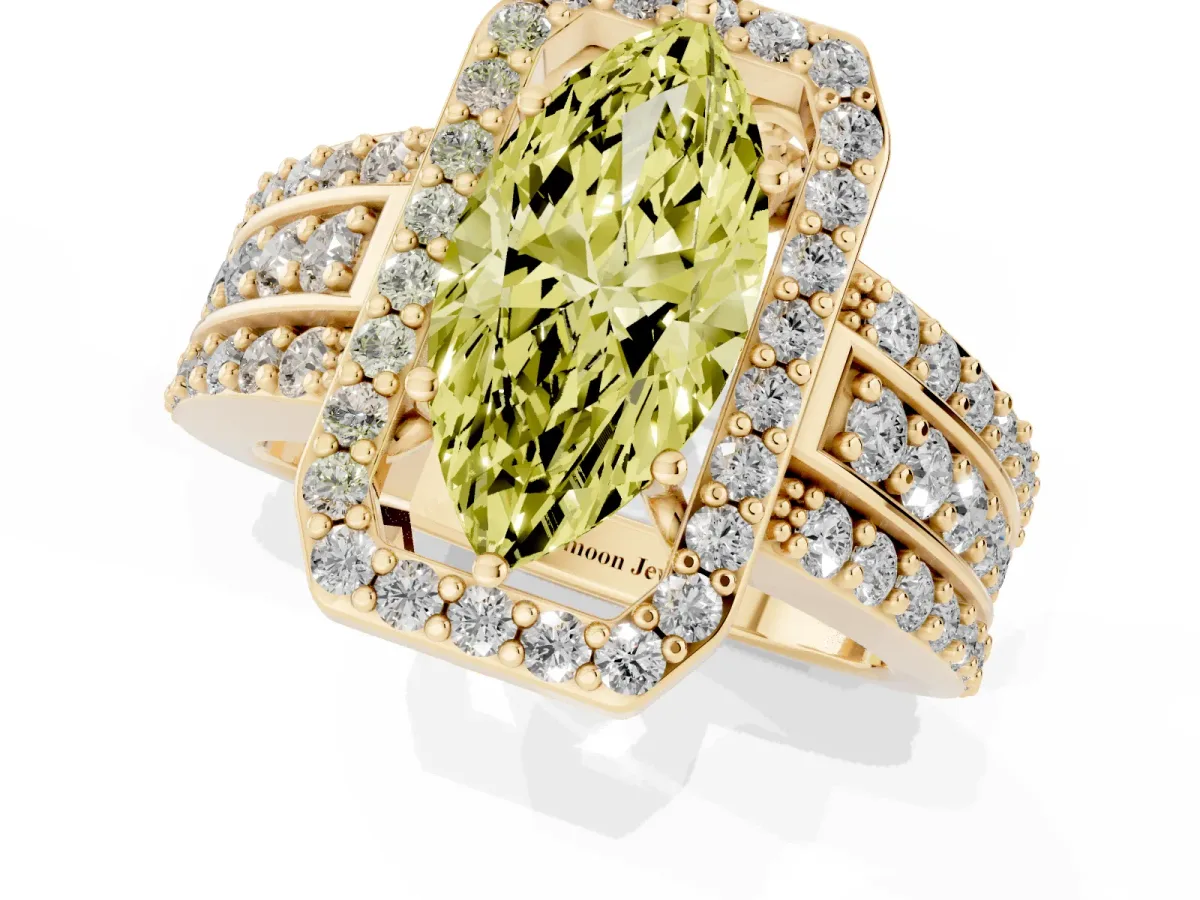 Fancy Yellow Marquise Cut Halo Diamond Ring with Round Split Shank and Prong Setting Yellow gold