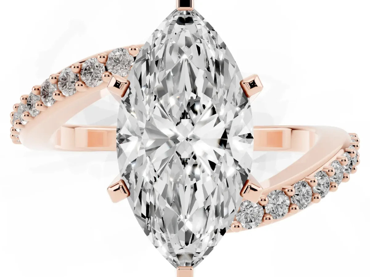 Marquise Cut Solitaire Twist Band with Pave Set Diamonds and Four-Prong Setting Rose gold