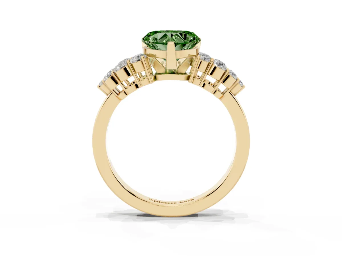 Fancy Green Heart Cut Cluster Diamond Engagement Ring with Pavé Band and Four-Prong Setting Yellow gold