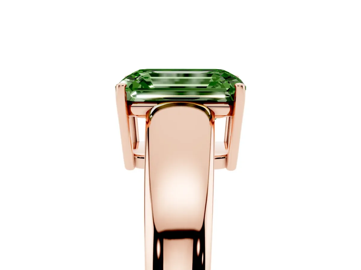 Fancy Green Emerald Cut Solitaire Diamond Ring with Tapered Band and Four-Prong Setting Rose gold