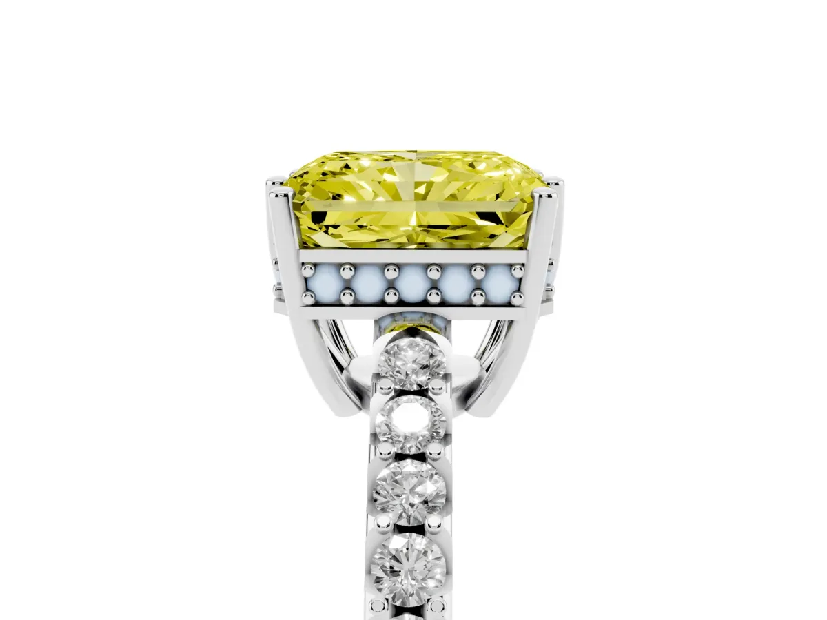 Fancy Yellow Radiant Cut Solitaire Diamond Engagement Ring with Pavé Band and Six-Prong Setting White gold