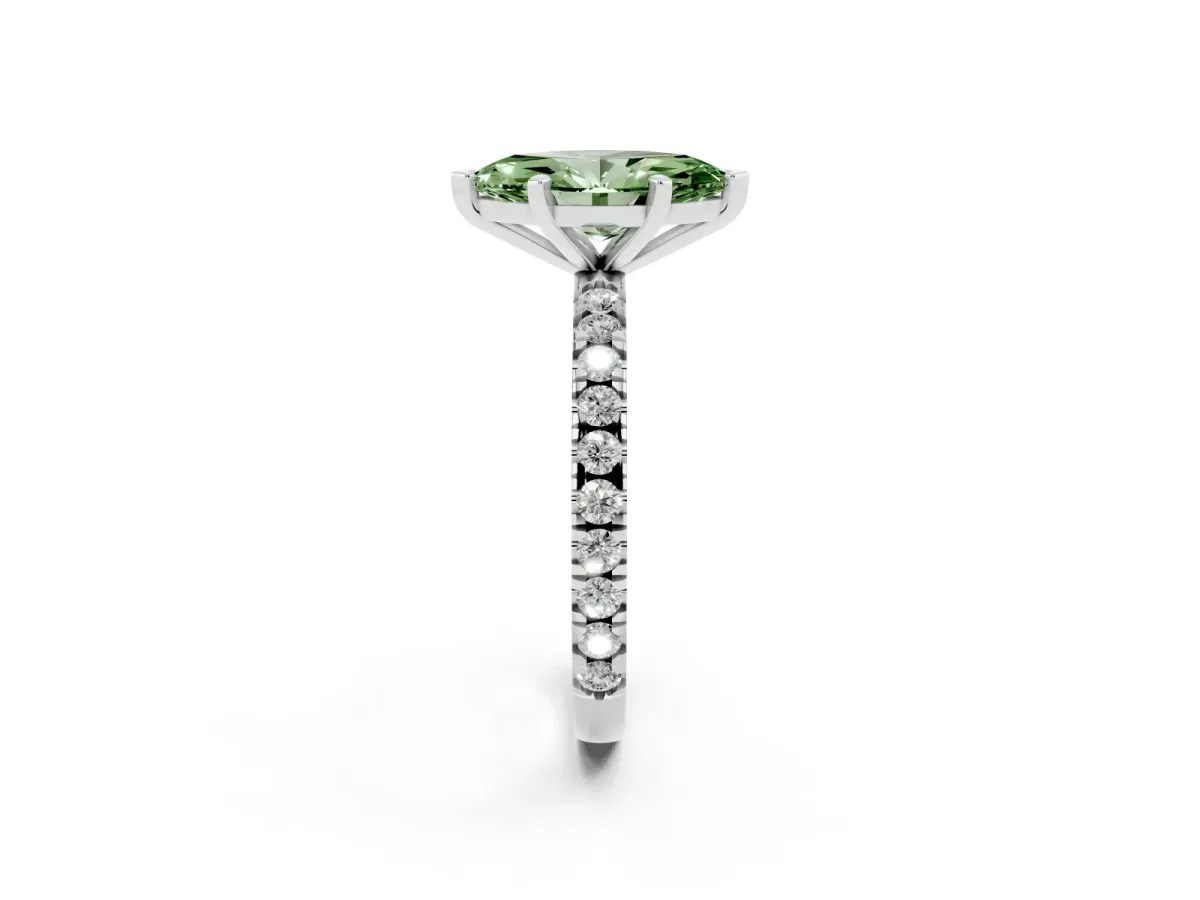 Fancy Green Marquise Cut Diamond Pavé Band Solitaire with Four-Prong Setting Silver