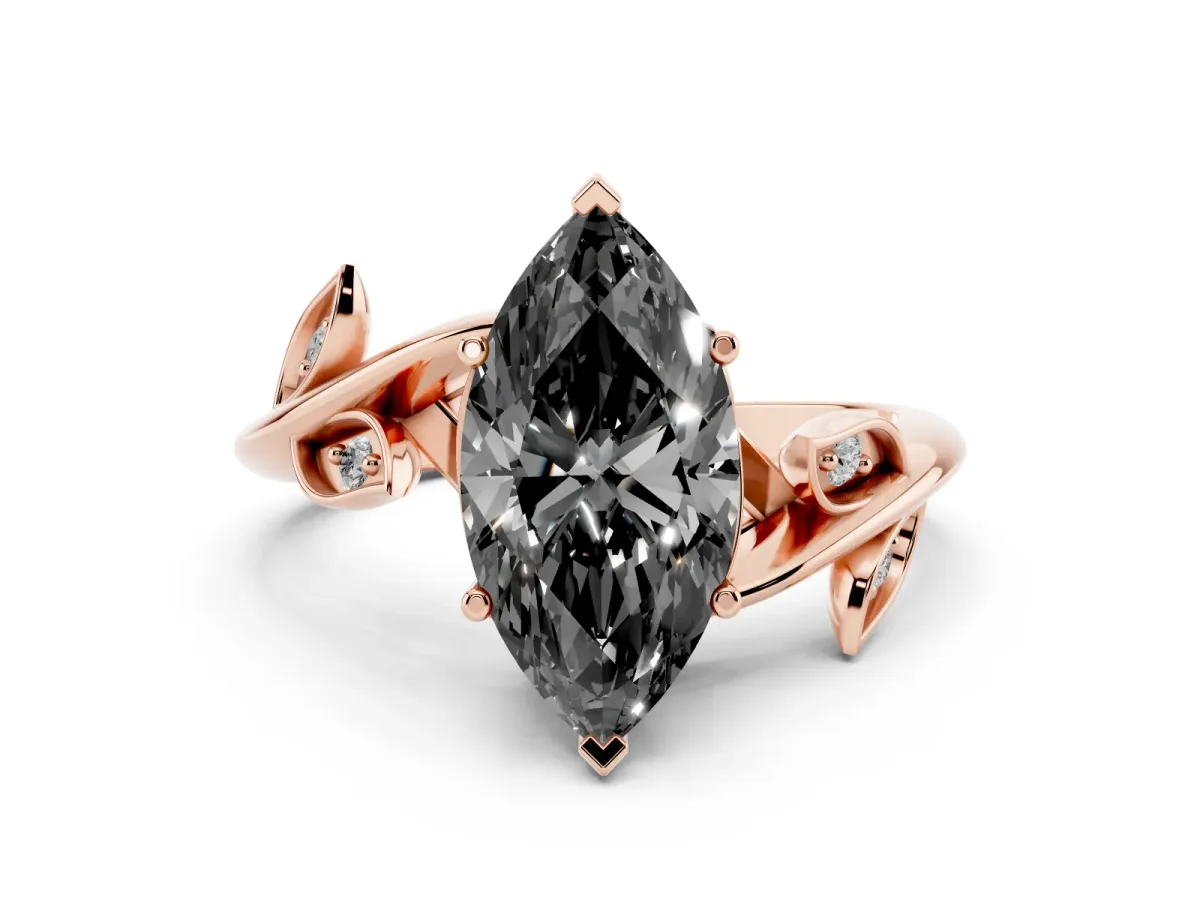 Fancy Black Marquise Cut Solitaire Twist Engagement Ring with Leaf Accents and Prong Setting Rose gold