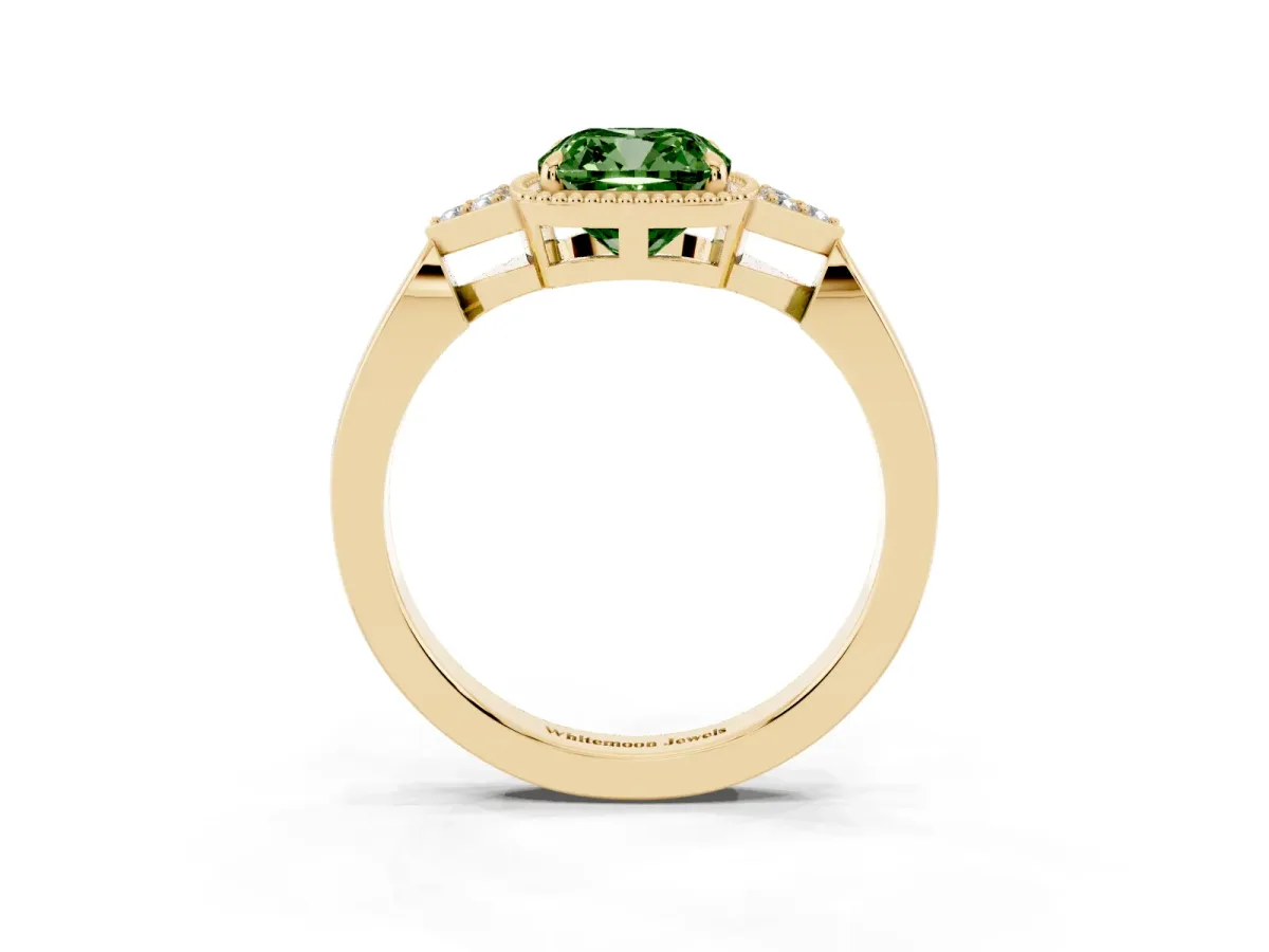 Fancy Green Hexagonal Halo Cushion Cut Diamond Solitaire with Pavé Band and Four-Prong Setting Yellow gold