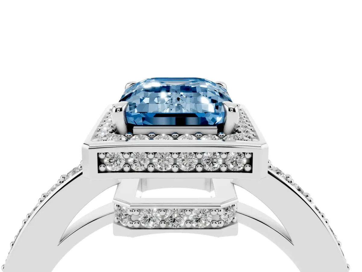 Fancy Blue Emerald Cut Halo Pave Band Solitaire Ring with Prong Setting Silver