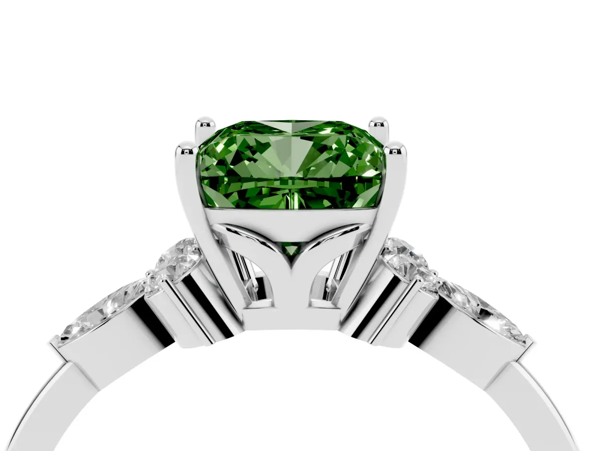 Fancy Green Cushion Cut Brilliant Diamond Solitaire Ring with Pear Side Stones and Four-Prong Setting Platinum