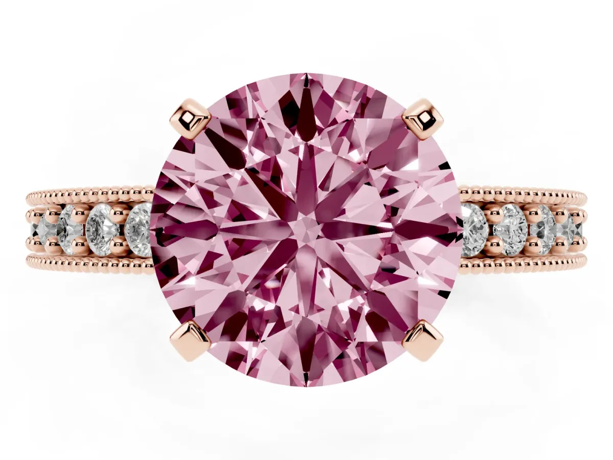 Fancy Pink Round Cut Diamond Milgrain Pavé Engagement Ring with Four-Prong Setting Rose gold