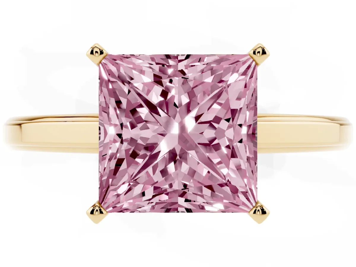 Fancy Pink Princess Cut Solitaire Diamond Ring with Four-Prong Setting and Classic Band Yellow gold