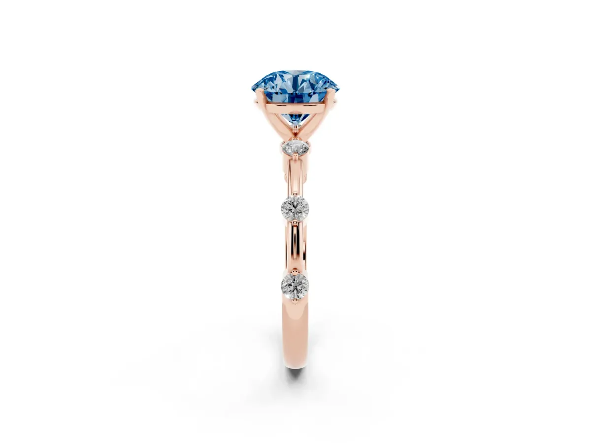 Fancy Blue Round Cut Solitaire Diamond Ring with Bezel Set Side Stones and Prong Setting Rose gold