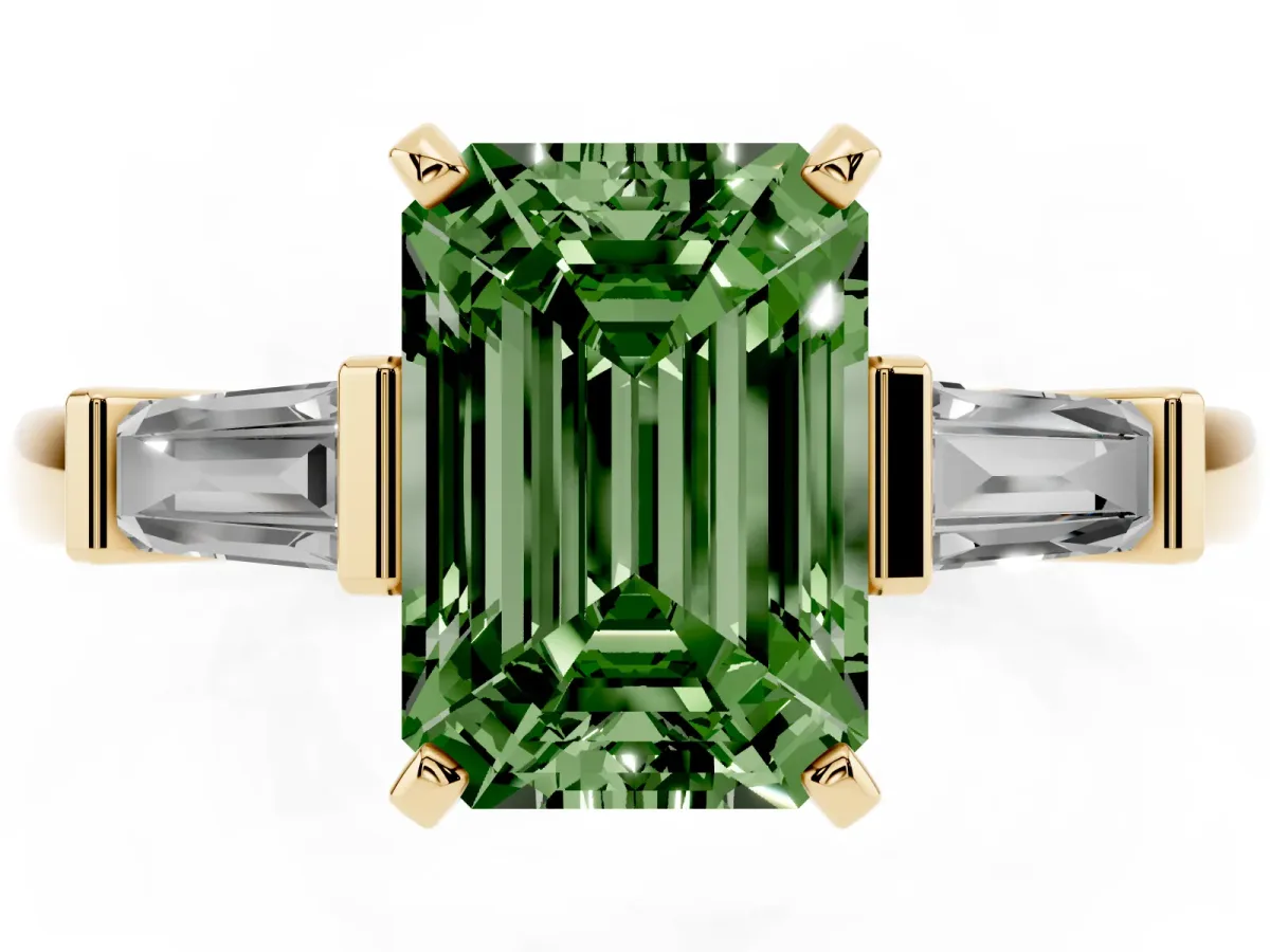 Fancy Green Emerald Cut Cut Diamond Solitaire Ring with Tapered Baguette Accents and Four-Prong Setting Yellow gold