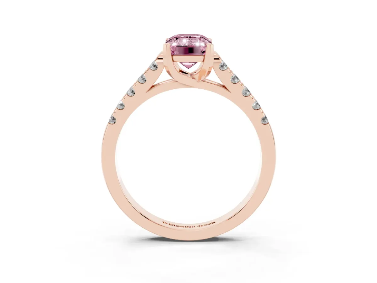 Fancy Pink Emerald Cut Diamond Pavé Band Solitaire Ring with Prong Setting Rose gold