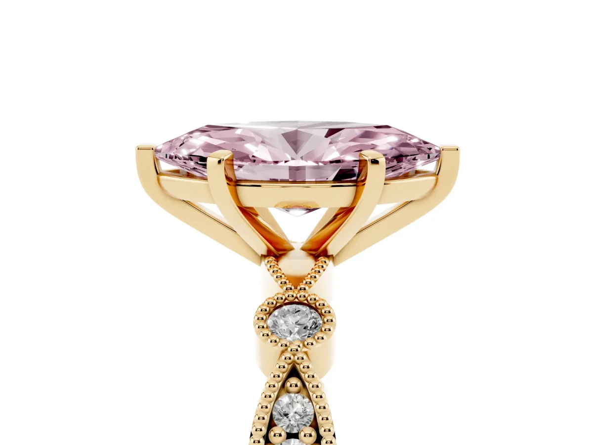 Fancy Pink Marquise Cut Milgrain Bezel Diamond Engagement Ring with Solitaire Prong Setting Yellow gold