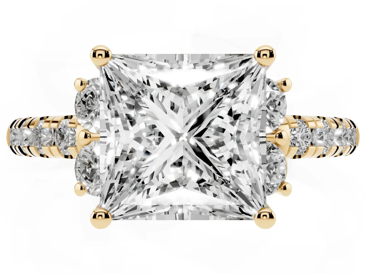 Princess Cut Diamond Three-Stone Pave Band with Four-Prong Setting Yellow gold