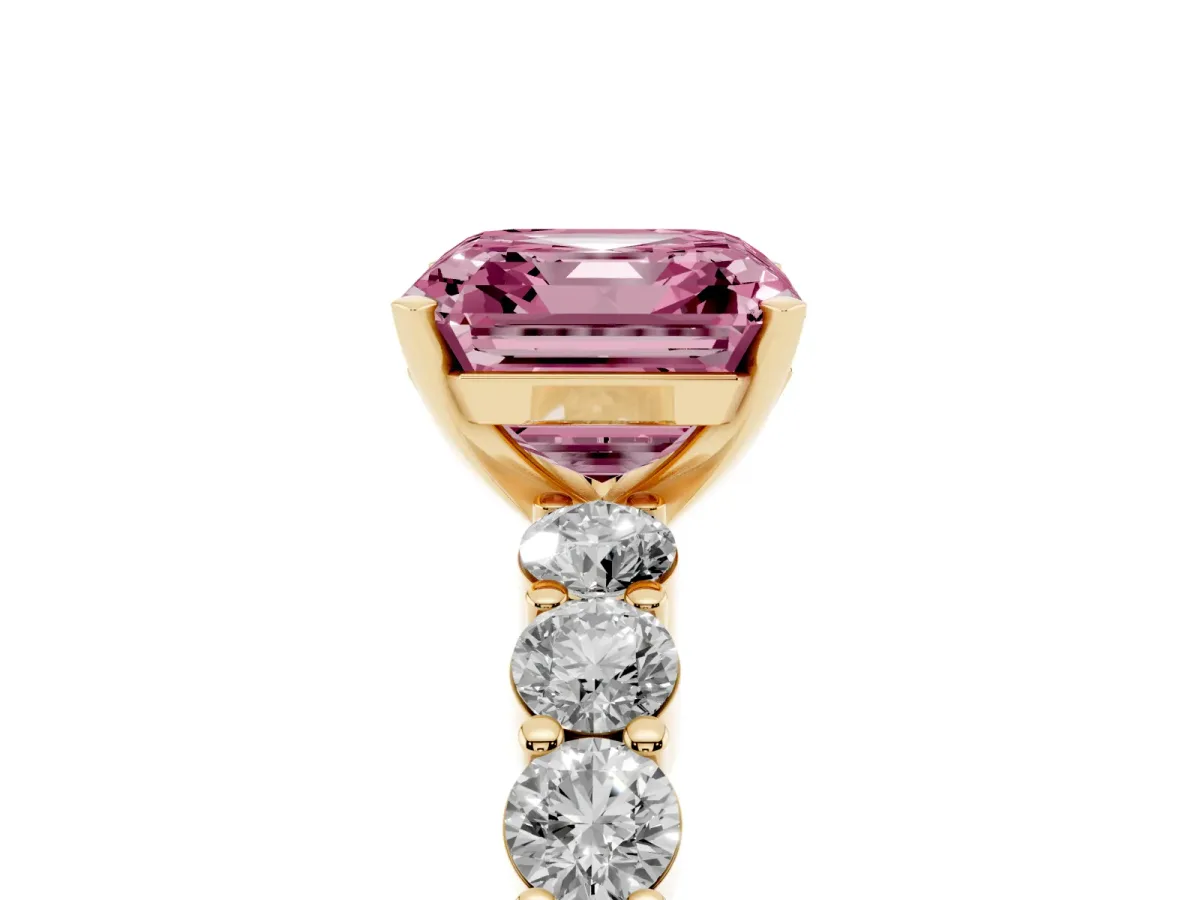 Fancy Pink Asscher Cut Diamond Solitaire Ring with Shared Prong Round Side Stones Yellow gold
