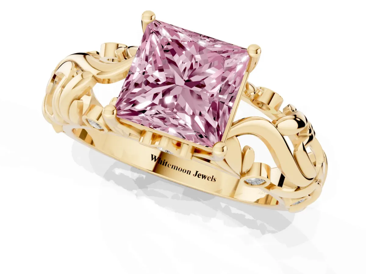 Fancy Pink Princess Cut Solitaire Diamond Leaf-Inspired Vine Band Ring with Prong Setting Yellow gold