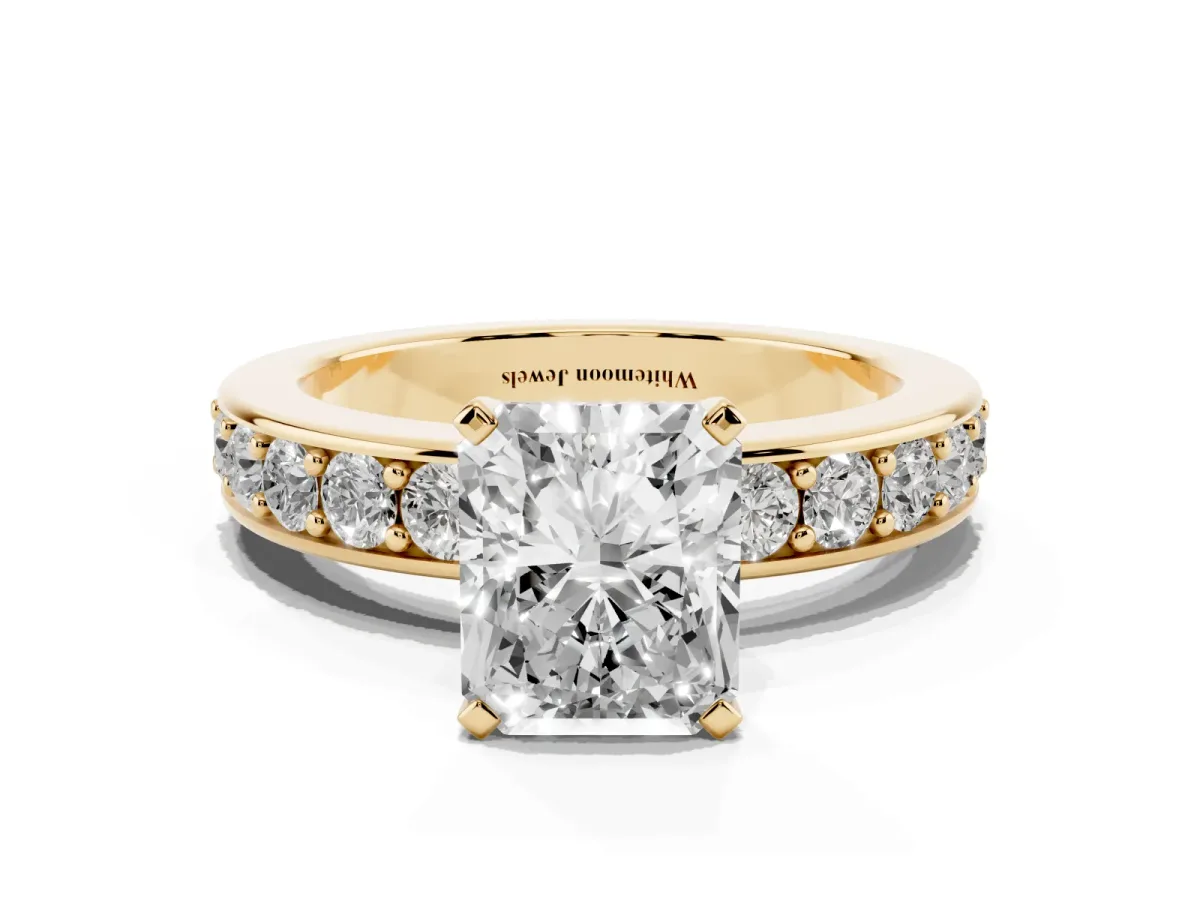 Radiant Cut Diamond Engagement Ring with Channel Set Round Band and Prong Setting Yellow gold