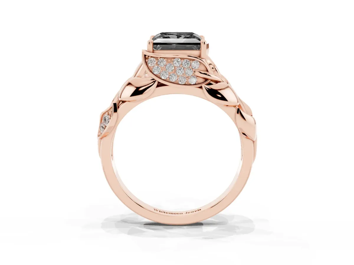 Fancy Black Princess Cut Diamond Leaf-Inspired Engagement Ring with Round Accents and Prong Setting Rose gold