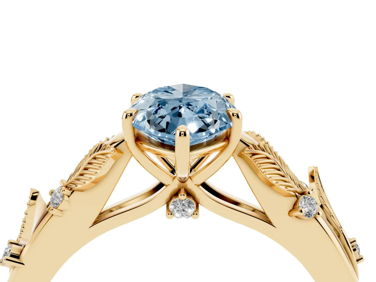 Fancy Blue Marquise Cut Diamond Solitaire Ring with Leaf Motif Band and Four-Prong Setting Yellow gold