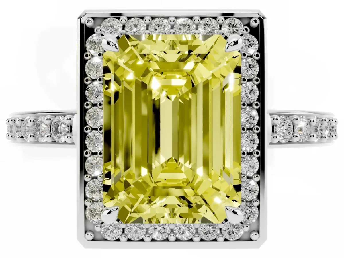 Fancy Yellow Emerald Cut Halo Pave Band Solitaire Ring with Prong Setting Silver