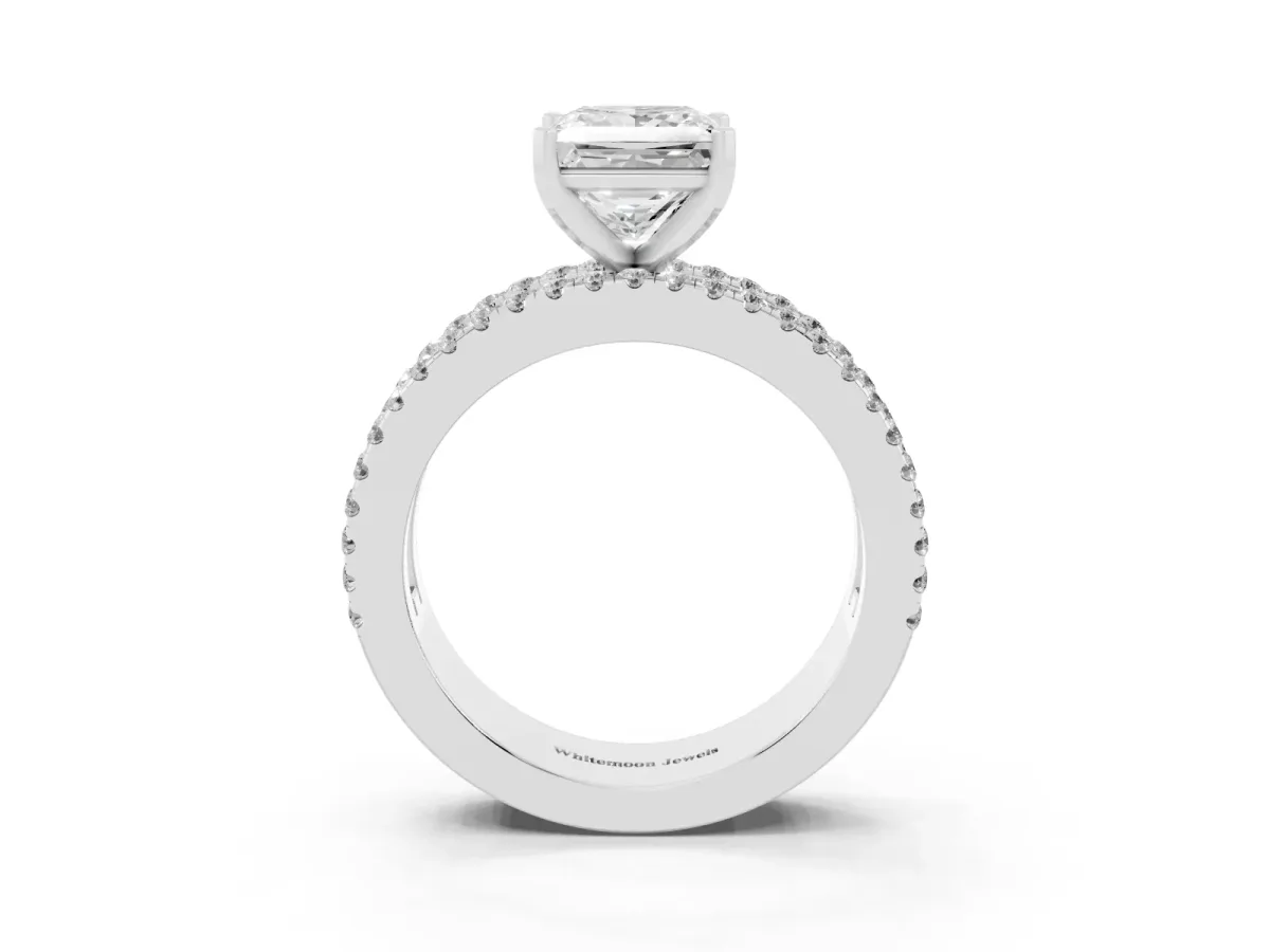 Princess Cut Diamond Solitaire Ring with Pavé and Channel Set Band Silver