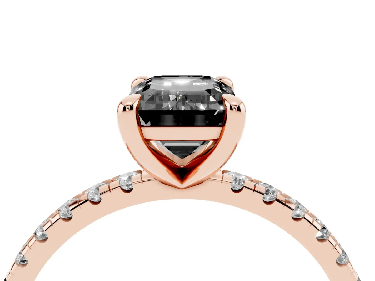 Fancy Black Emerald Cut Diamond Brilliant Solitaire Ring with Pavé Band and Four-Prong Setting Rose gold