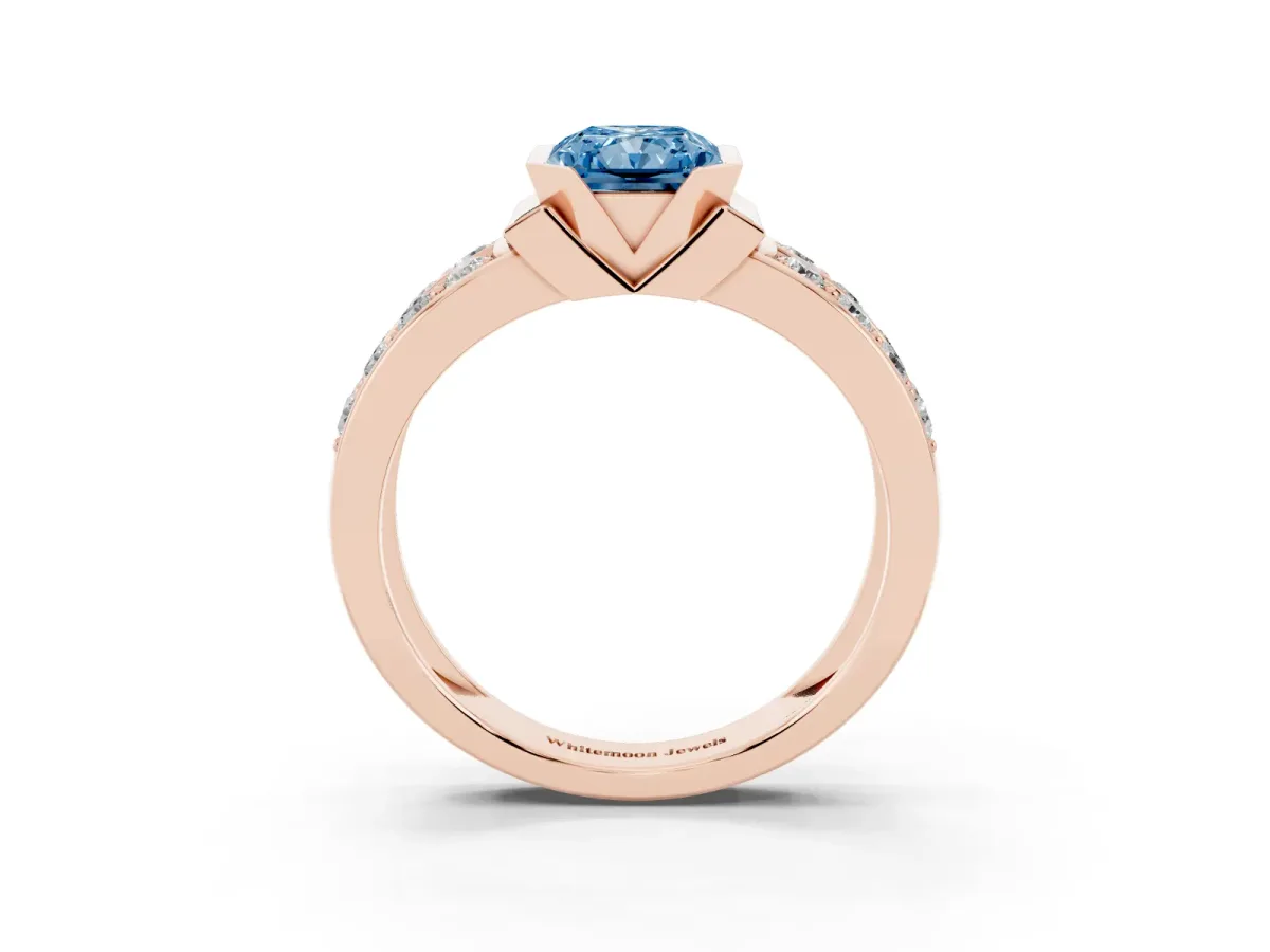 Fancy Blue Radiant Cut Brilliant Diamond Channel Set Wide Band Ring with Bezel Setting Rose gold