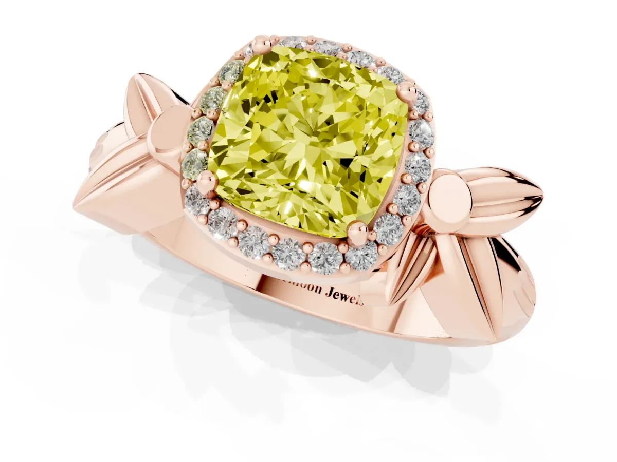 Fancy Yellow Cushion Cut Halo Diamond Floral Band with Four-Prong Setting Rose gold